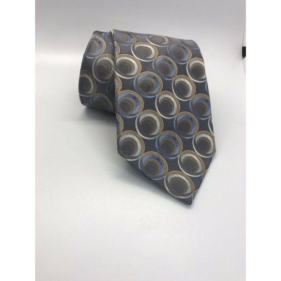 100% silk tie geometric circle designs grey blue white Concepts by Claiborne EUC - Picture 1 of 5
